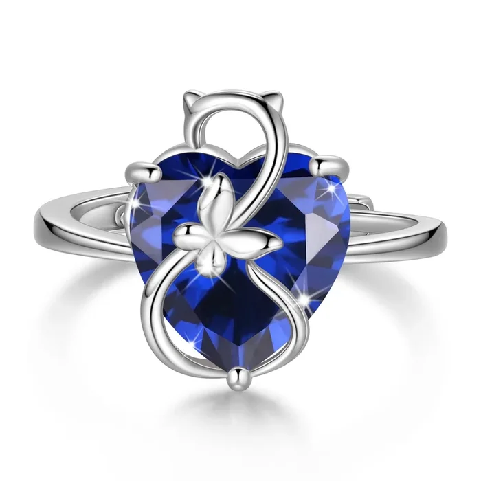 Anillo de plata de ley 925 con forma de corazón para mujer, diseño de gato, mariposa, piedra natal de septiembre, zafiro azul, solitario, regalo de cumpleaños para el Día de la Madre para amantes de los gatos.