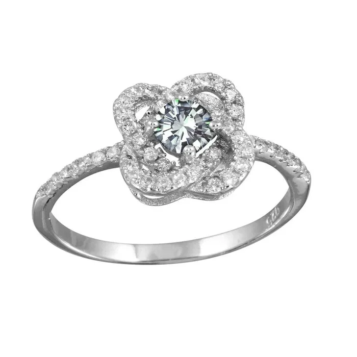 Anillo de plata de ley 925 rodiada con circonita cúbica y piedra central transparente – BGR01141CLR