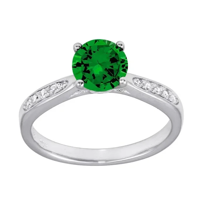 Anillo de plata de ley 925 rodiada con circonita verde redonda central – BGR01231GRN