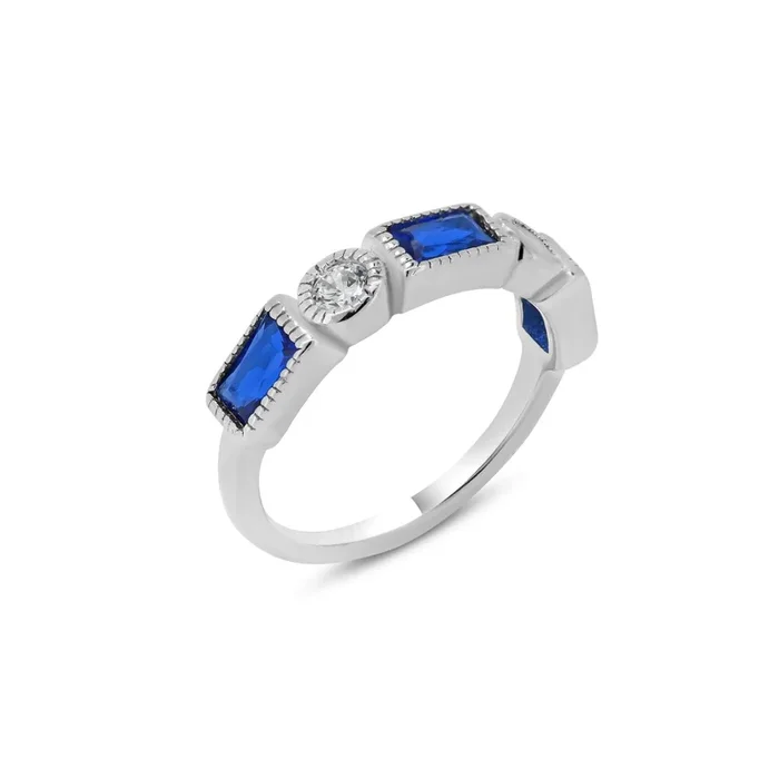 Anillo de plata de ley 925 rodiada con circonitas azules rectangulares y redondas transparentes alternadas – BGR01111BLU