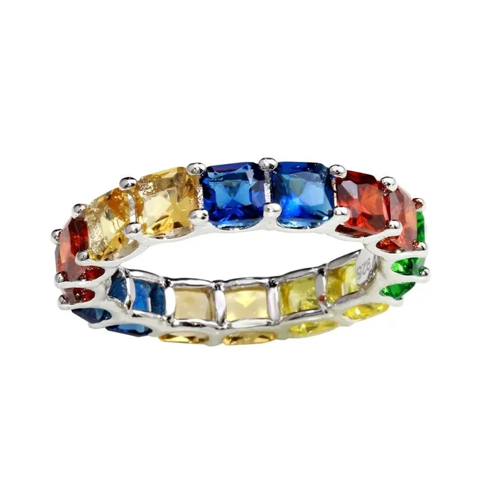 Anillo de plata de ley 925 rodiada con circonitas cuadradas multicolor – GMR00270RBC