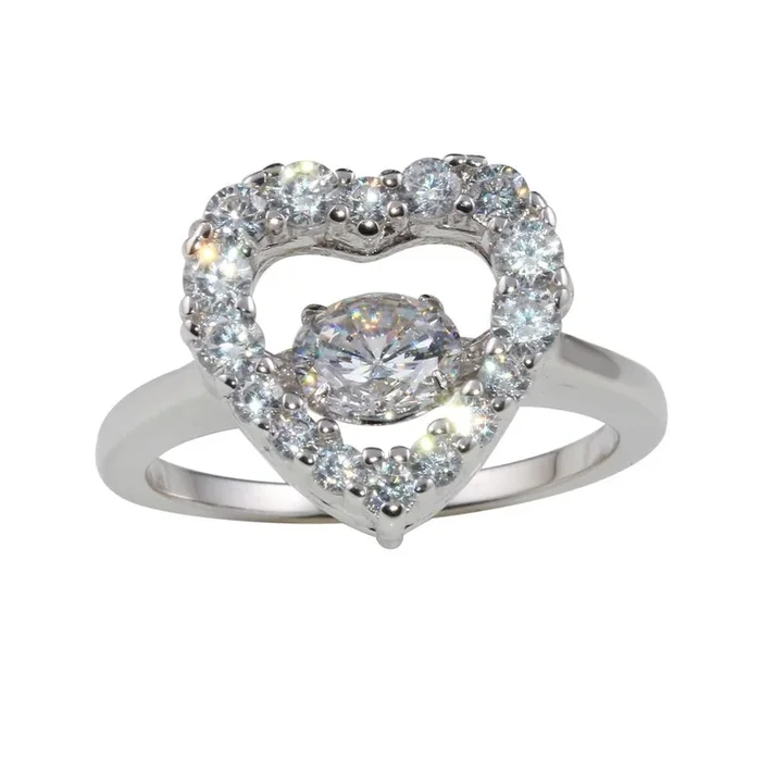 Anillo de plata de ley 925 rodiada con circonitas danzantes en forma de corazón – STR01101
