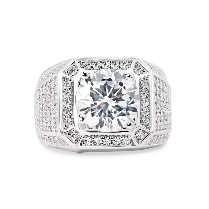 Anillo de plata de ley 925 rodiada con circonitas transparentes de 9 mm, con tachuelas pequeñas y superiores – GMR00374