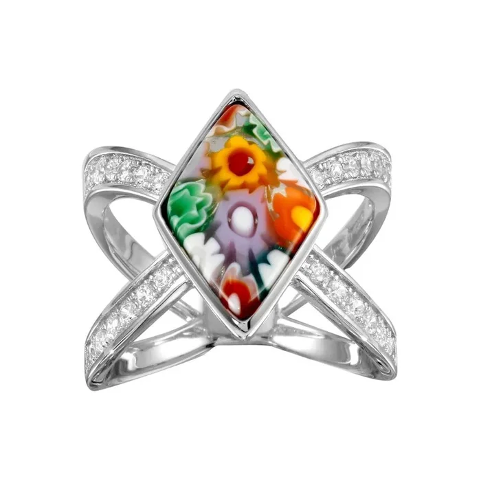 Anillo de plata de ley 925 rodiada con cuerpo abierto y cristal de Murano con circonita cúbica – MR00004