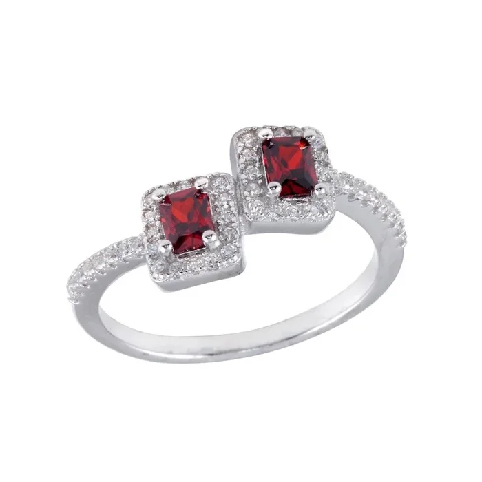 Anillo de plata de ley 925 rodiada con doble circonita cúbica cuadrada en el centro rojo – BGR01254RED