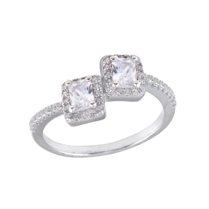 Anillo de plata de ley 925 rodiada con doble circonita cúbica cuadrada transparente – BGR01254CLR