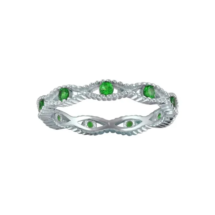 Anillo de plata de ley 925 rodiada con ondas entrelazadas y circonita verde – BGR01294GRN