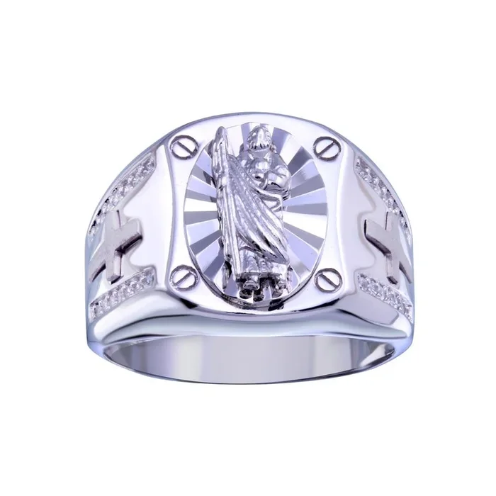 Anillo de San Judas Tadeo con circonitas cúbicas en plata de ley 925 rodiada – GMR00328