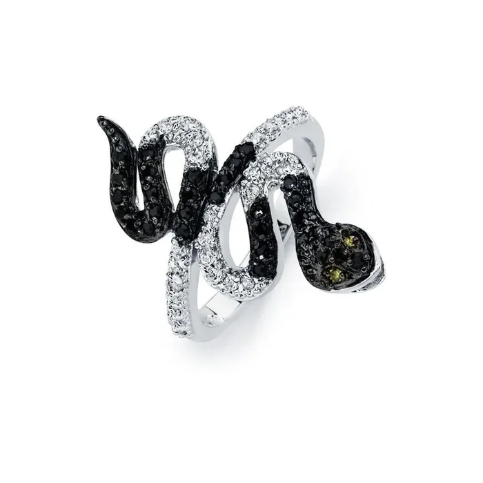 Anillo de serpiente con circonita cúbica transparente y negra de 2 tonos chapado en rodio y plata 925 – BGR00522