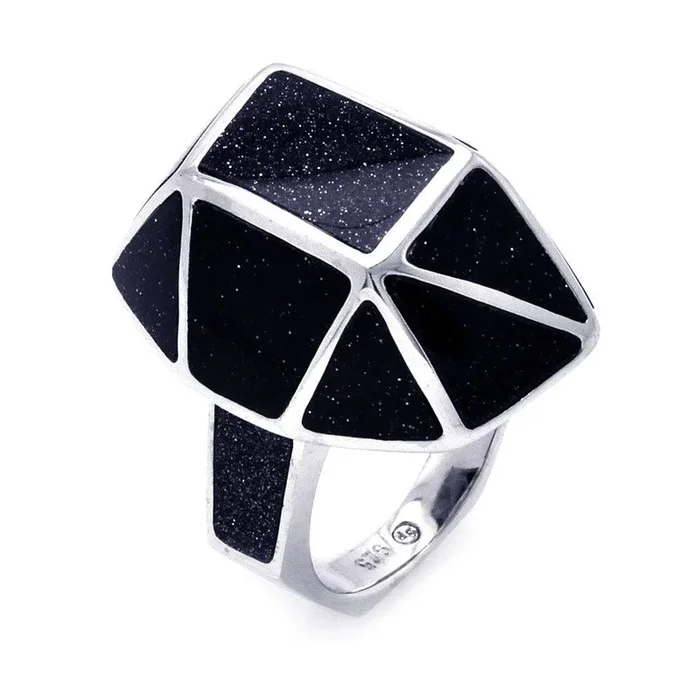 Anillo geométrico de cuarzo negro rodiado en plata 925 (BGR00271)