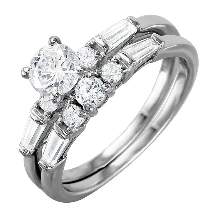 Anillo nupcial chapado en rodio de plata 925 con piedras Baguette CZ – BGR01002