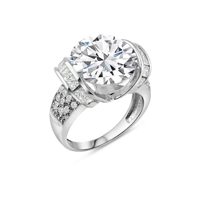 Anillo nupcial con circonita cúbica central redonda y conjunto de pavé de baguette transparente chapado en rodio de plata 925 – BGR00256