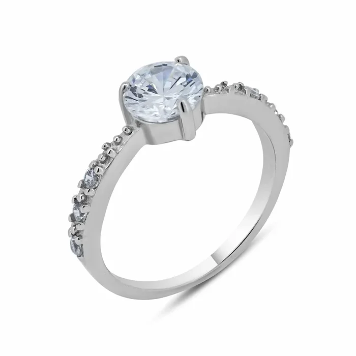Anillo nupcial con circonita transparente y centro redondo chapado en rodio de plata 925 – BGR00539