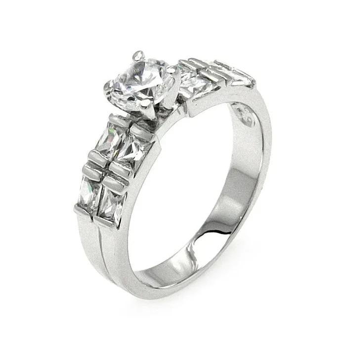 Anillo nupcial de plata 925 chapado en rodio con centro redondo transparente y filas laterales cuadradas con circonita cúbica – BGR00576