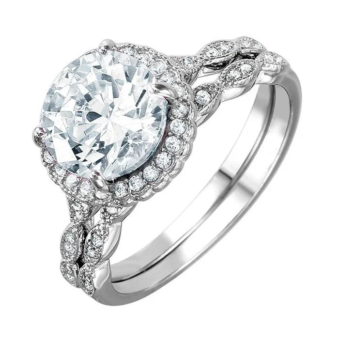 Anillo nupcial de plata 925 sin níquel chapado en rodio con halo redondo CZ – BGR01006