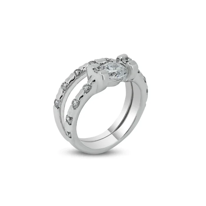Anillo nupcial de plata de ley 925 rodiada con circonita cúbica transparente en el centro – BGR00403