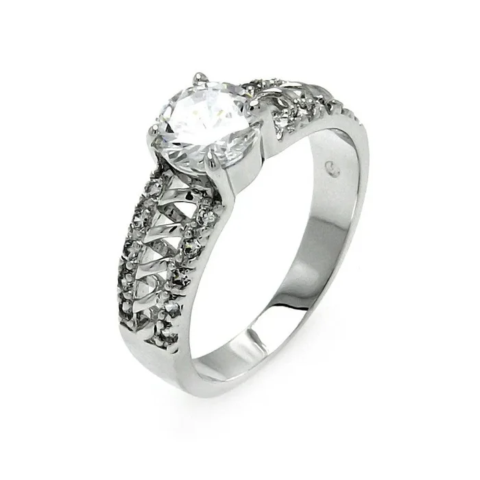 Anillo nupcial en espiral con circonita cúbica central redonda transparente bañado en rodio de plata 925 – BGR00526