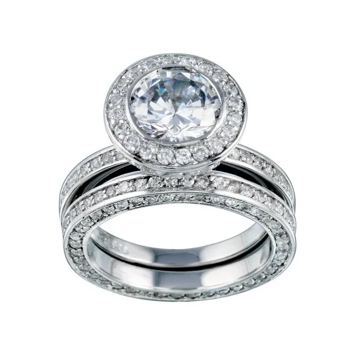 Anillo nupcial redondo de plata de ley 925 rodiada con circonitas cúbicas transparentes – BGR00199