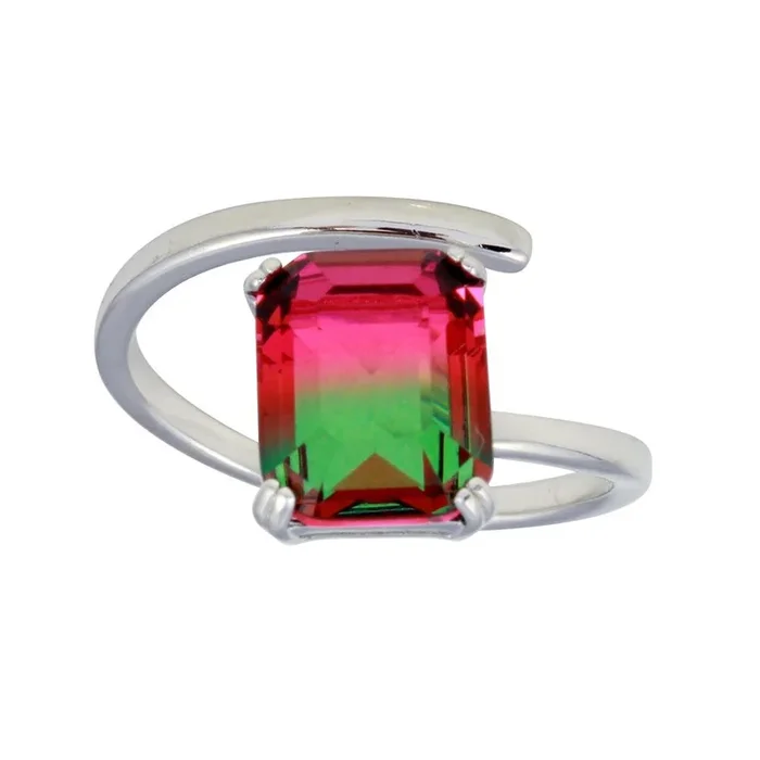Anillo rectangular abierto de plata de ley 925 rodiada con circonitas cúbicas en degradado verde a rojo – STR01108