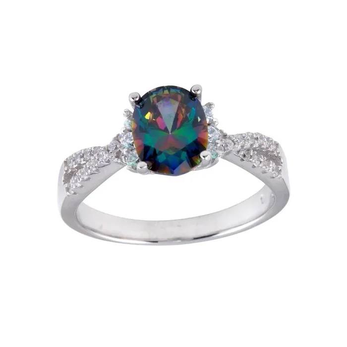 Anillo solitario ovalado de topacio místico sintético con circonita cúbica en plata de ley 925 rodiada – BGR01248