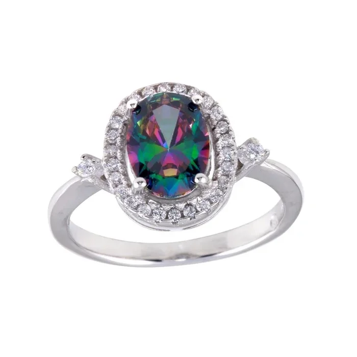 Anillo solitario ovalado de topacio místico sintético con circonita cúbica en plata de ley 925 rodiada – BGR01249