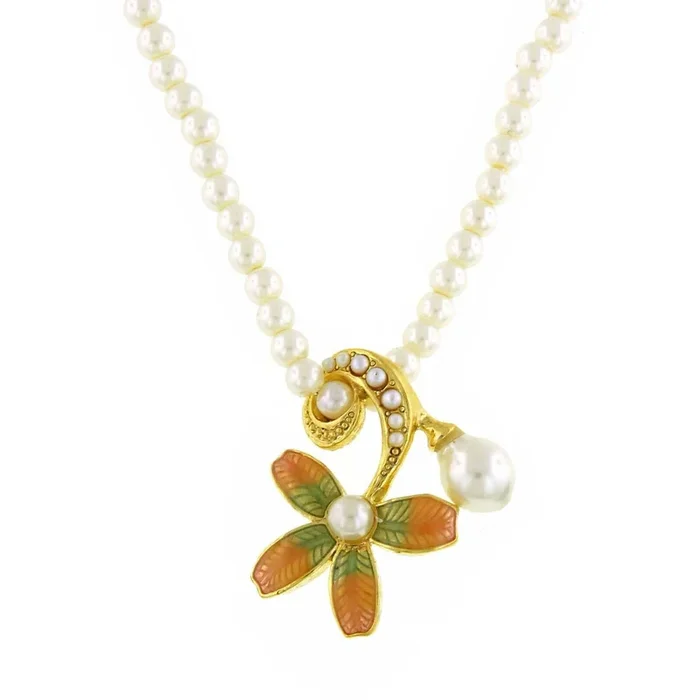 Antiquities Couture Fantasia Fiori 4mm Faux Pearl Strand Floral Pendant Necklace 16″ + 3″ Extender