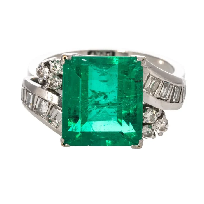 Art Deco Style 6.4ct Emerald-Cut Emerald & Diamond Platinum Ring