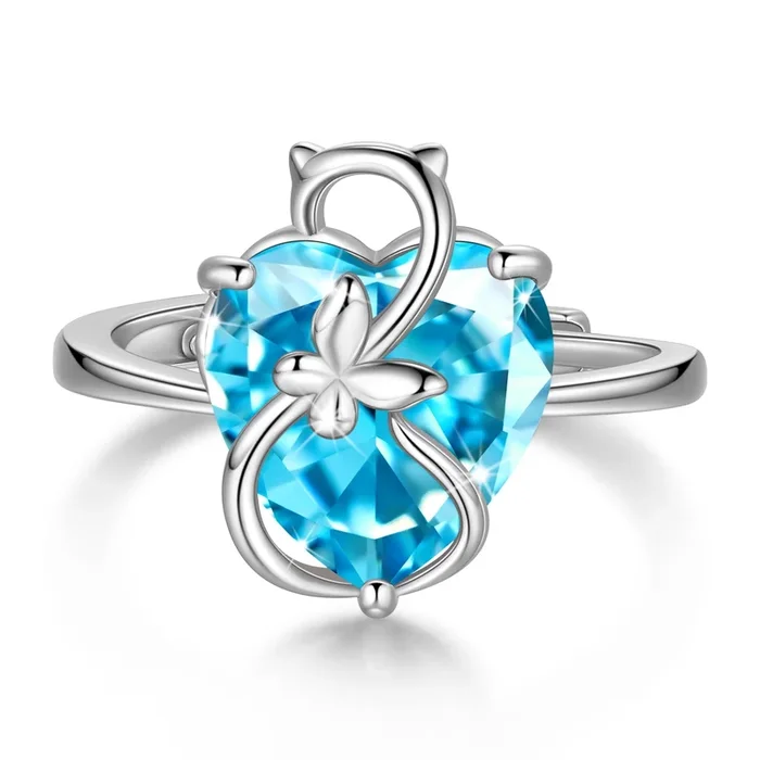 Bague cœur femme en argent sterling 925, papillon, pierre de naissance de mars, aigue-marine bleue solitaire, bijou, cadeau d’anniversaire pour une maman amoureuse des chats