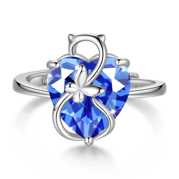 Bague femme en argent sterling 925 en forme de cœur, ornée d’un chat et d’un papillon. Pierre de naissance de décembre : tanzanite bleue solitaire. Bijou pour maman, amoureuse des chats, cadeau de Noël ou d’anniversaire.