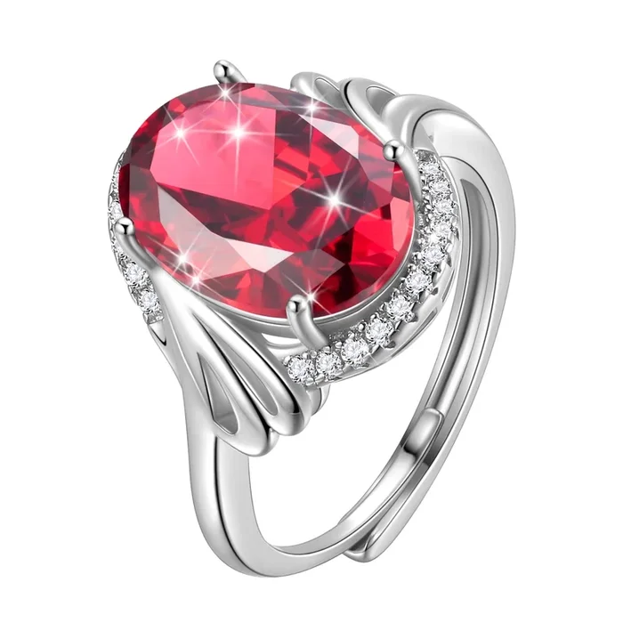 Bague femme en argent sterling 925 sertie d’un rubis ovale de 8 carats, sertie d’un halo, pierre de naissance de juillet, anneau rouge. Bijou idéal pour une mère, une grand-mère, un anniversaire, Noël ou la Saint-Valentin.