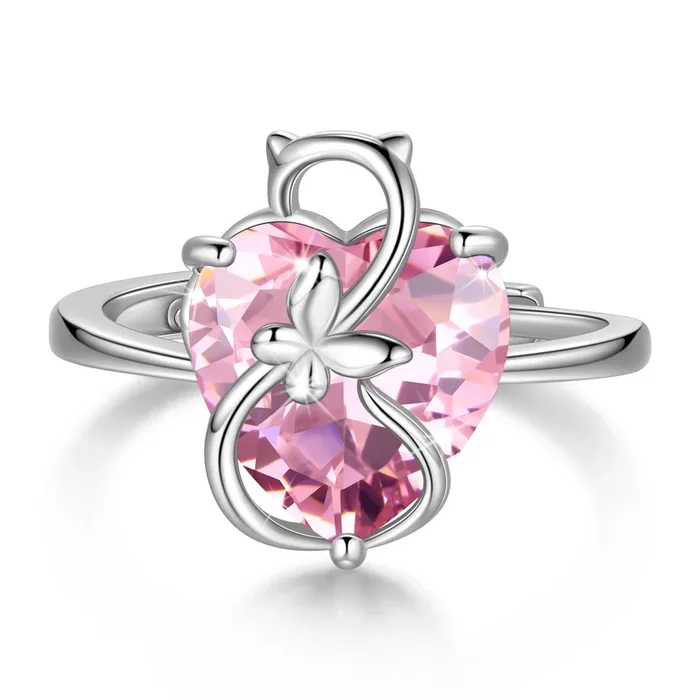 Bague solitaire en forme de cœur pour femme, en argent sterling 925, ornée d’un chat et d’un papillon. Pierre de naissance d’octobre : tourmaline rose. Bijou idéal pour un anniversaire ou la Saint-Valentin.