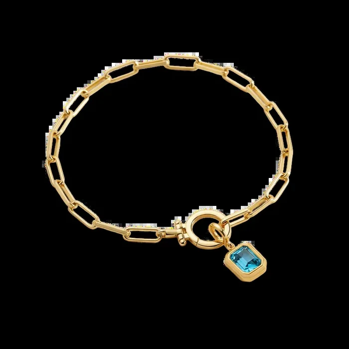 Baguette Birthstone Charm on Mint Paperclip Bracelet