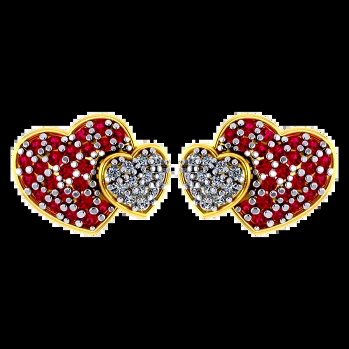 Beautiful Dual Heart Shaped 18k Diamond Earrings With Red Detailing