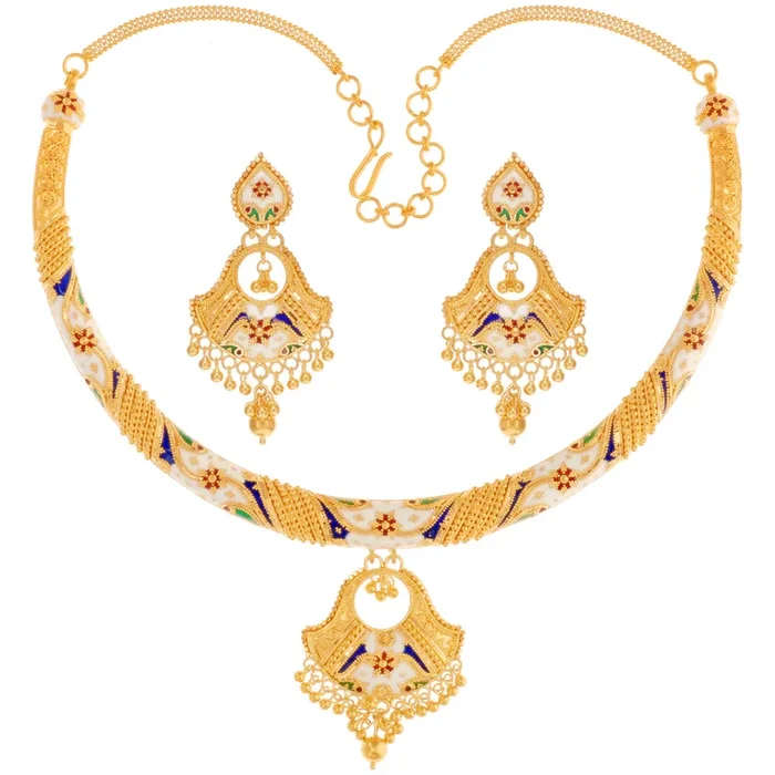 Beautiful Minakari Hansli Necklace Set in 22K Gold