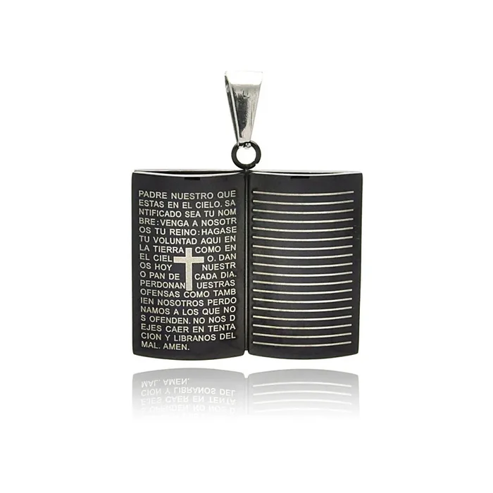 Biblia de acero inoxidable rodiada y negra con colgante de oración del Padre Nuestro – SSP00214