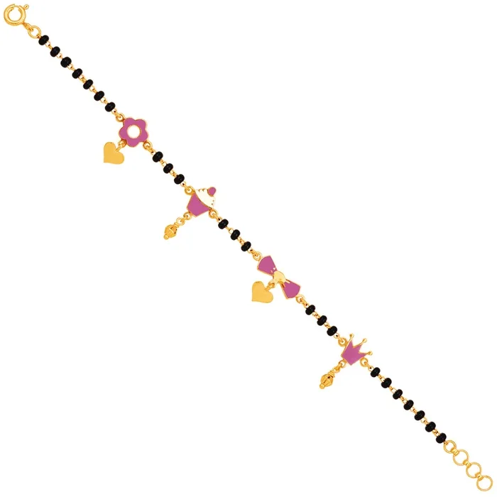 Black Beads Minakari Kids Bracelet in 22K Gold