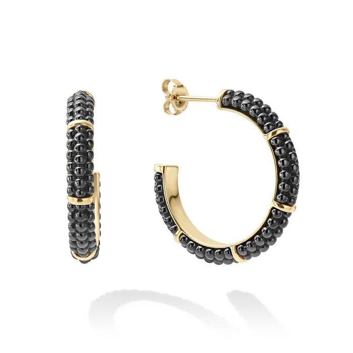 Black Caviar 18K Gold Station Ceramic Beaded Hoop Earrings