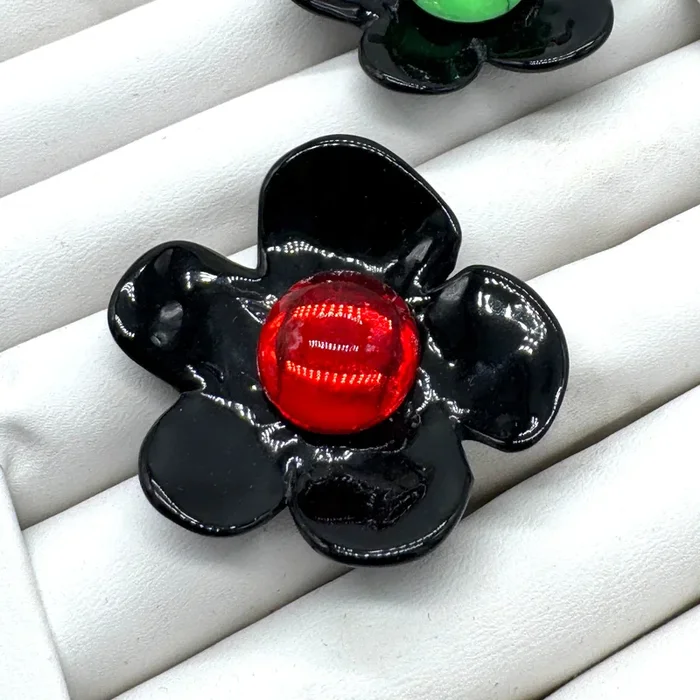 Black Coco Flower Cocktail Ring — Cherry Foil Center