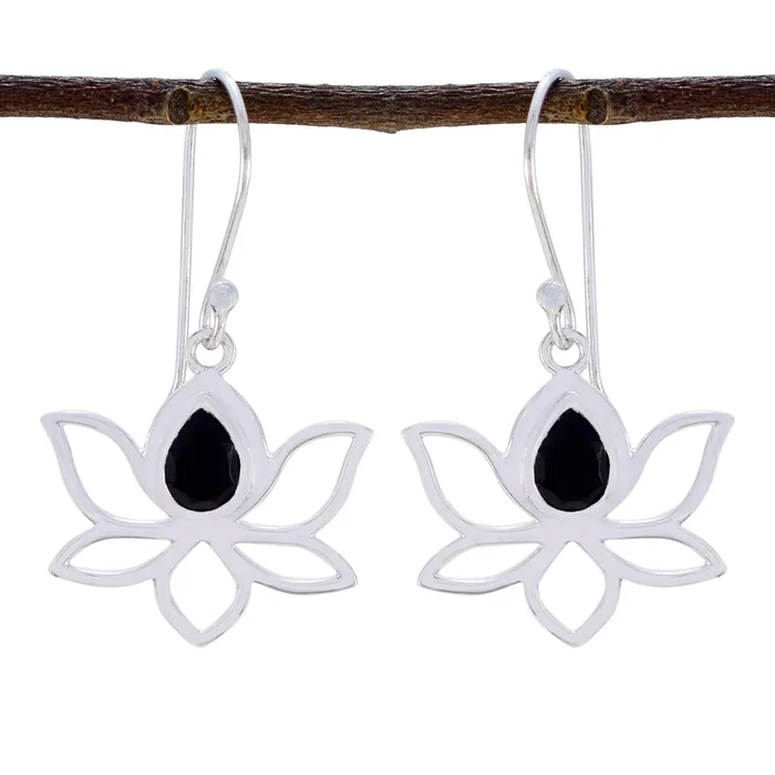 Black Onyx French Olivia Solitaire Dangle Black 92.5 Silver Earring