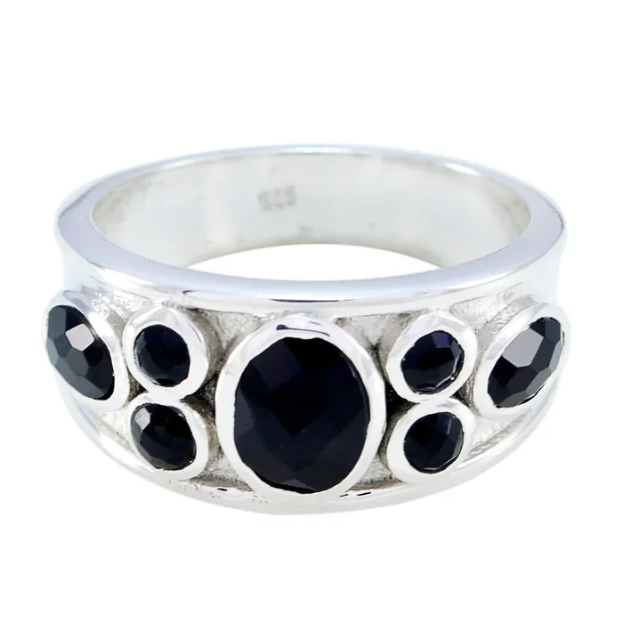 Black Onyx Hepta German Sterling Silver Black Gemstone Mid-weight Boho Ring Jewellery