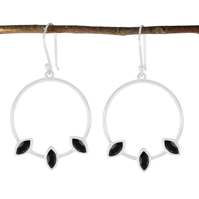 Black Onyx Moroccan Leah Trilogy Dangle Black Sterling Silver Earring