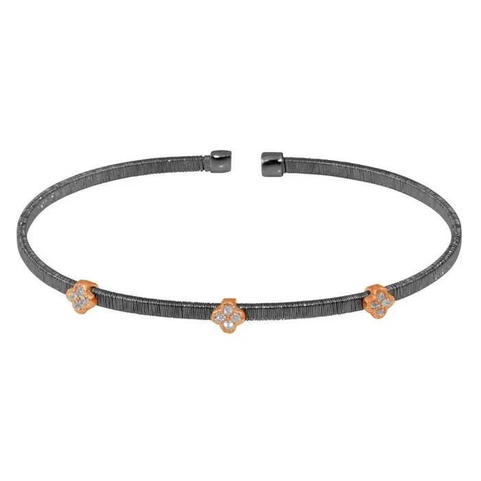 Black Rhodium Plated 925 Sterling Silver Three Clover Rose Gold Plated Bangle with CZ – ARB00009BLK