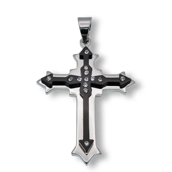Black Rhodium Plated Stainless Steel Embellished Gothic Cross Clear CZ 43.6mm x 57.5mm Pendant – SSP00243