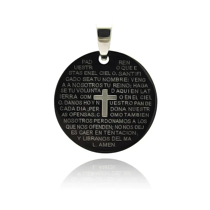 Black Rhodium Plated Stainless Steel Spanish Our Father Prayer Round Pendant – SSP00222