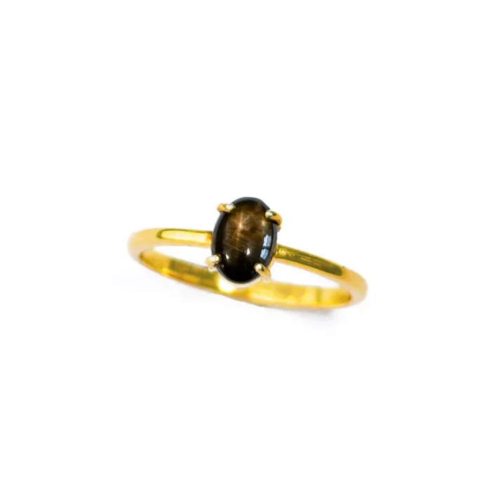 Black Star Sapphire Cabochon Oval Prong Set Ring, 925 Silver or 18k Gold Vermeil Bezel, Minimalist Natural Sapphire Jewelry, Christmas Gift for Her