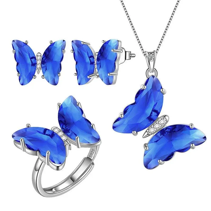 Blauer Schmetterling-Schmuckset, 4-teilig, September-Saphir-Geburtsstein, Damen- und Mädchen-Geburtstagsgeschenke