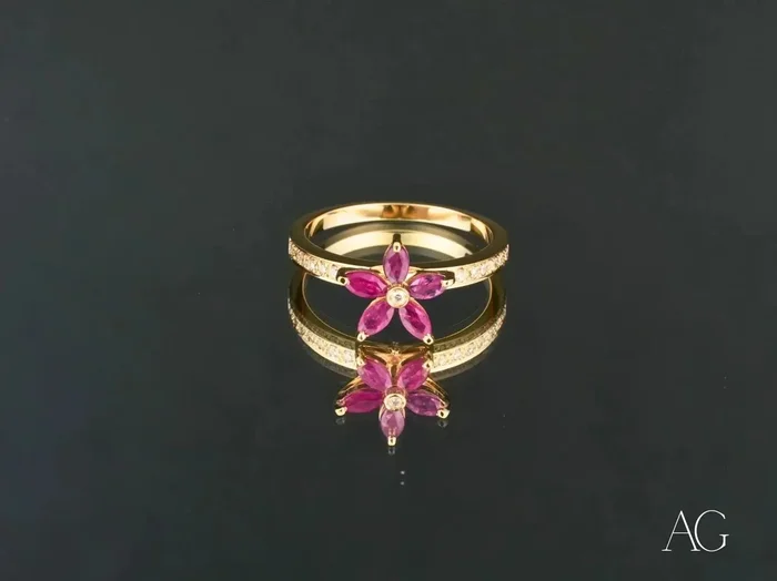 Blooming Elegance: 18k Gold Ruby Flower & Diamond Ring