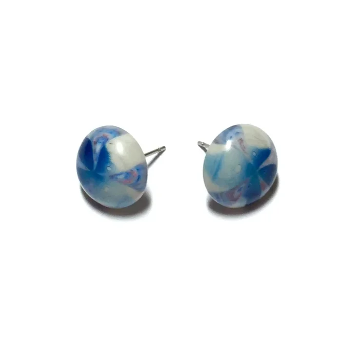Blue and Grey Sky Burst Retro Button Stud Earrings