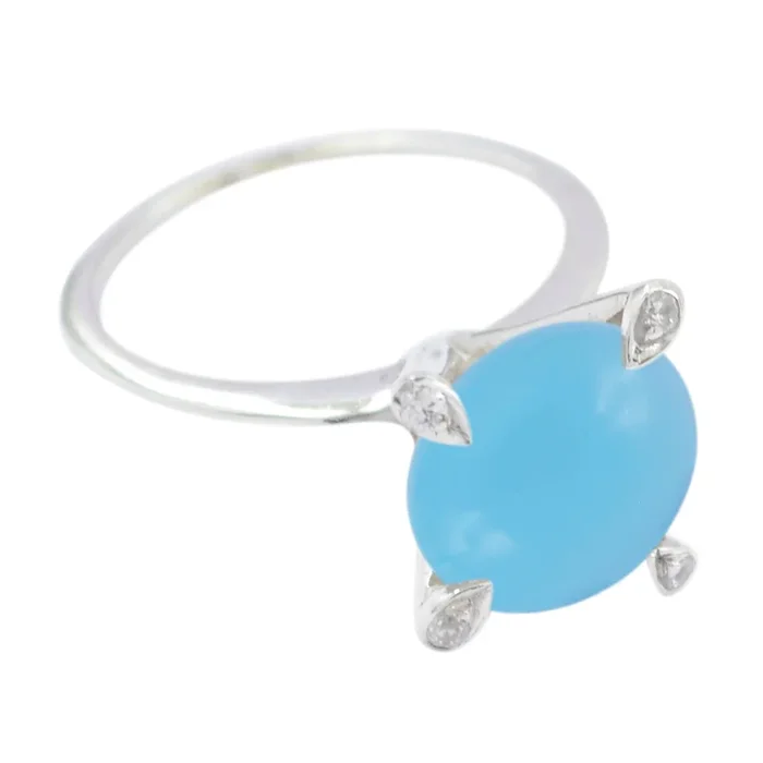 Blue Chalcedony Halo French 925 Silver Blue Gemstone Slim Glamorous Ring Jewellery