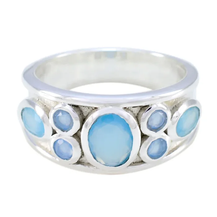 Blue Chalcedony Hepta French Silver Blue Gems Mid-weight Trendy Ring Jewelry